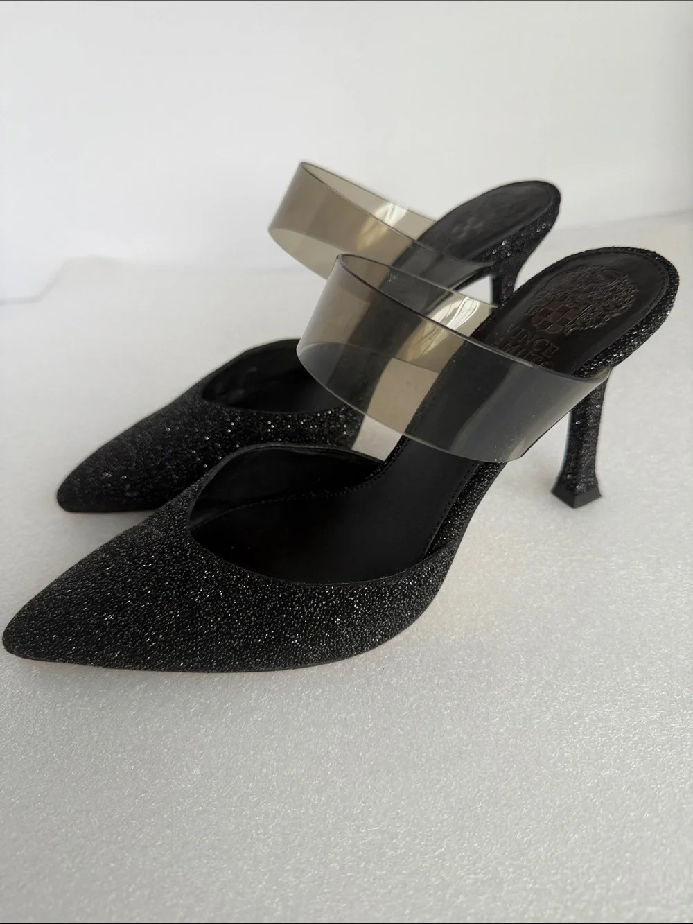VINCE CAMUTO Kempern Black Glitter Pointed Toe Pumps Mule Heels Size 8